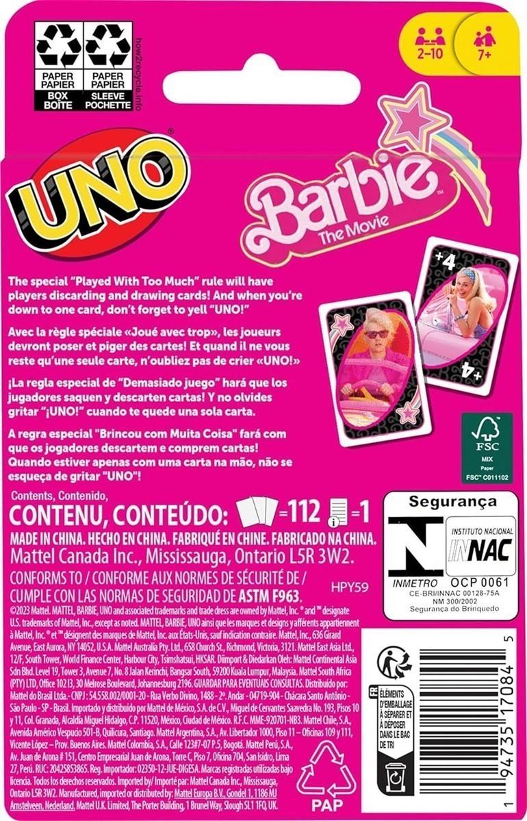 Barbie The Movie - UNO Kartenspiel für Filme Fans mit Lieblingscharakteren und unvergesslichen Szenen, Sonderregel Zu viel gespielt, für 2-10 Spieler ab 7 Jahren, HPY59