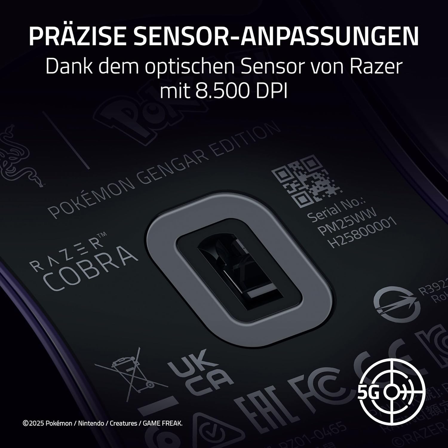 Razer Cobra Gengar Edition - Leichte kabelgebundene Gaming-Maus - 8500 DPI Sensor - 58g - optische Mausschalter 3th Gen - Chroma-Beleuchtung - Speedflex-Kabel - PC/MAC | Pokémon Gengar