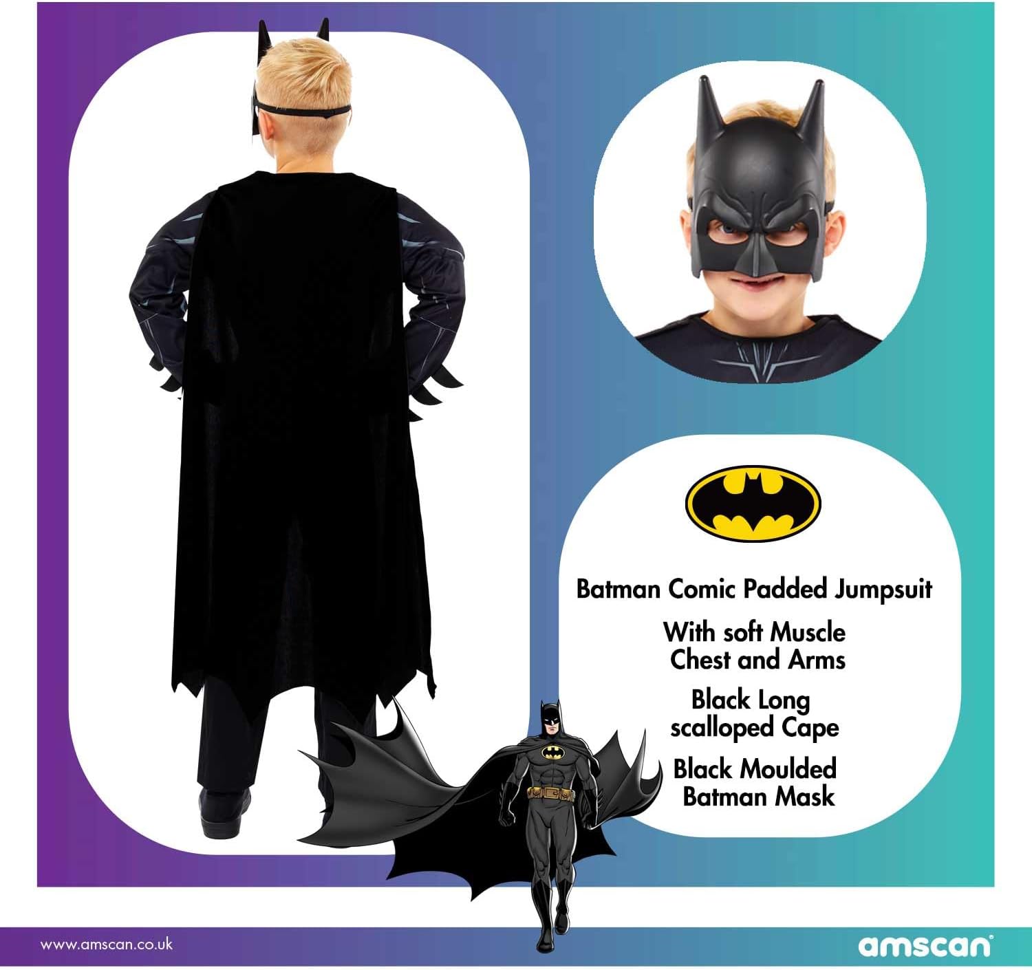 amscan offiziell lizenziertes Comic Muskelbrust Batman Kostüm Kinder Jungen 4-6 Jahre