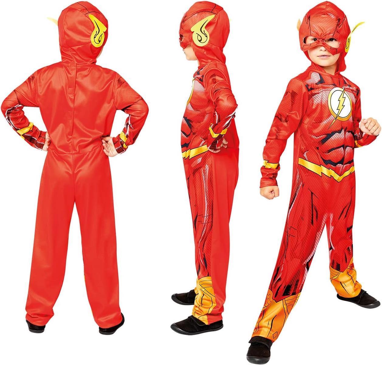 Amscan - Kinderkostüm The Flash, bedruckter Overall mit Kopfbedeckung, 100 % recycelte Materialien, Serie, DC Super Heroes, Motto-Party, Karneval Größe 134 8-10 Jahre