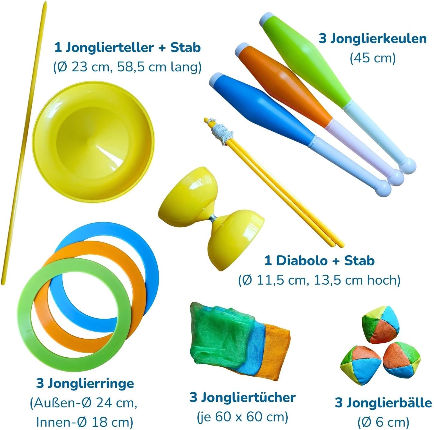 alldoro 60130 Jonglier-Set 16-tlg., inkl. Jonglierbälle, Tücher, Ringe, Keulen, Diabolo & Teller im Netzrucksack, für Kinder ab 3 Jahren & Einsteiger