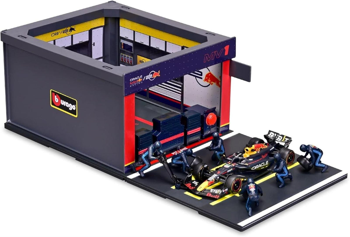 Bburago - Pit Stop Red Bull RB20 2024#1 Verstappen, Spielset mit Diorama, 1:43 und 6 Mechanikern, Detailgetreu, Red Bull-Lizenz, Alter 3+