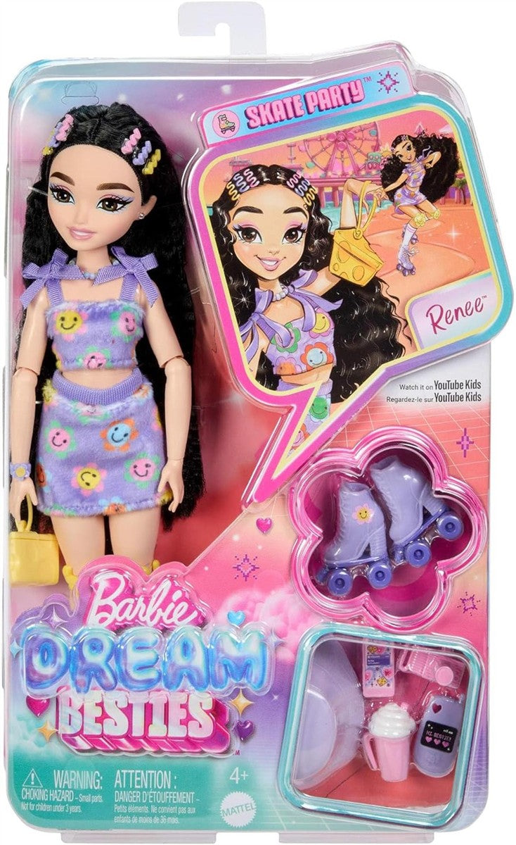 Barbie Dream Besties Puppe und Accessoires, bewegliche Barbie Renee Rollschuh-Modepuppe mit schwarzem Haar, 12 Zubehörteile zum Thema Video und Essen, JFX99
