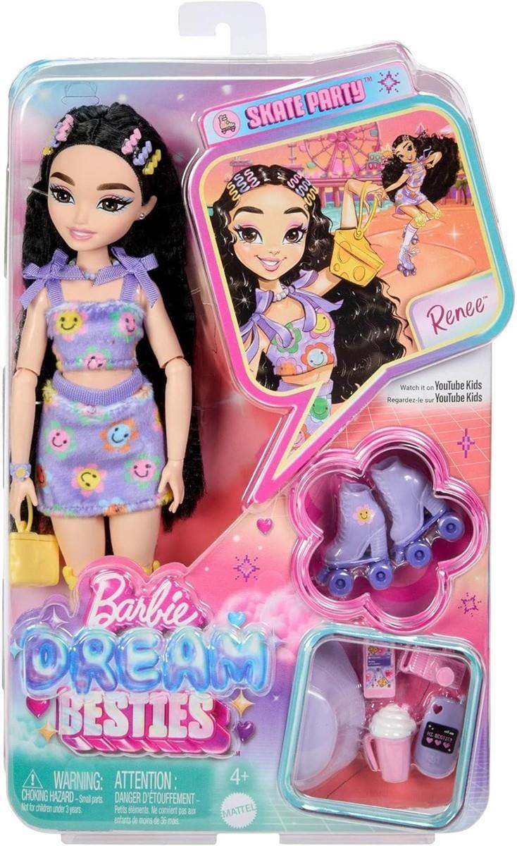Barbie Dream Besties Puppe und Accessoires, bewegliche Barbie Renee Rollschuh-Modepuppe mit schwarzem Haar, 12 Zubehörteile zum Thema Video und Essen, JFX99