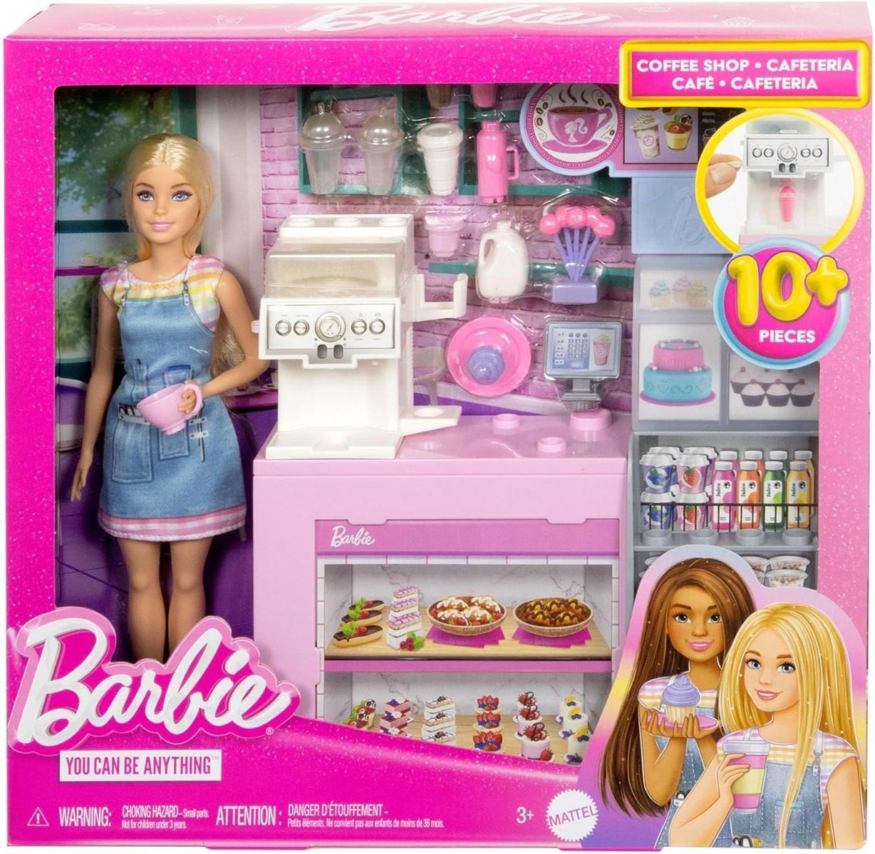 Barbie Naschcafé Spielset mit Blonder Barista-Puppe und über 12 Zubehörteilen, darunter Kaffeemaschine/Smoothie-Maker, Lebensmittel und Tassen, HXN94