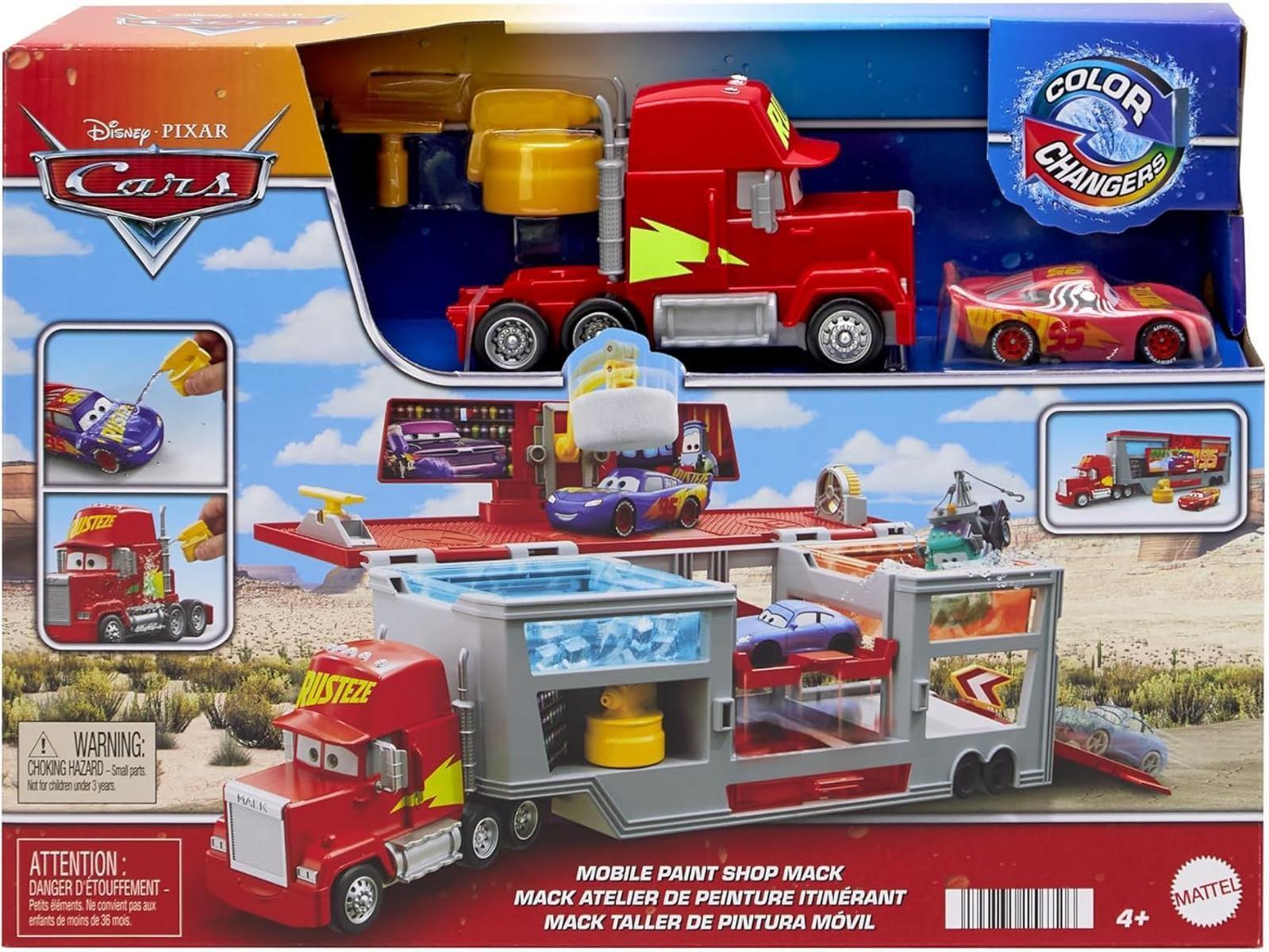 Mattel DISNEY Pixar Cars mobile Lackiererei Mack - Spielset mit Farbwechseleffekt, Lightning McQueen Spielzeugauto, Farbveränderung mit warmem und kaltem Wasser, für Kinder ab 4 Jahren, HPD82