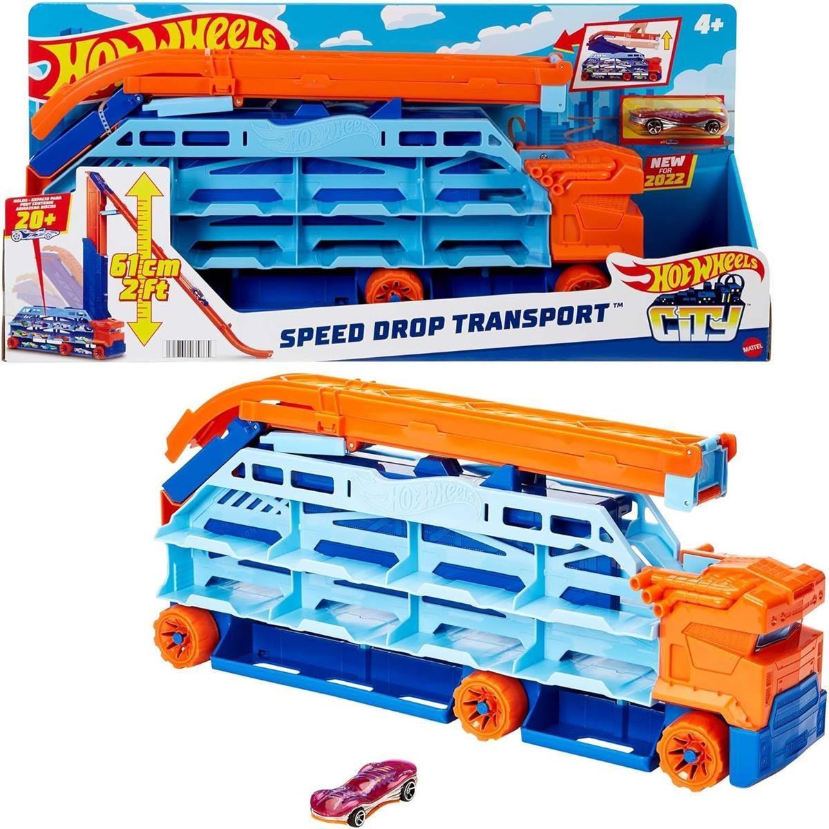 HOT WHEELS City Transporter - mit ausfahrbarer Abfahrtsrampe, Ladefläche für 20 Fahrzeuge und Spezialräder - Geschenk für Kinder ab 4 Jahren, HDY92