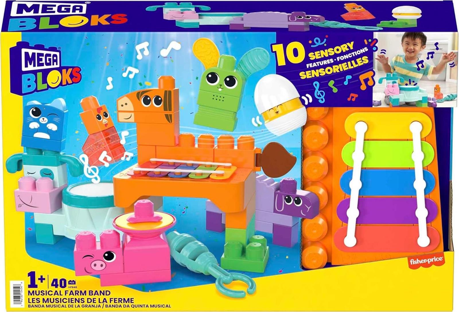 MEGA Blocks Fisher-Price sensorisches Bauspielzeugset, Musikspaß Bauernhoftiere mit 45 Bauklötzen für Kleinkinder und 6 Notenblättern, Geschenkideen für Kinder ab 1 Jahr, HPB46