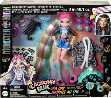 Monster High Puppe, Lagoona Blue Spa Day Set mit Wear and Share Zubehör wie Haarspangen, Haarkreide und Tattoos (HKY69)