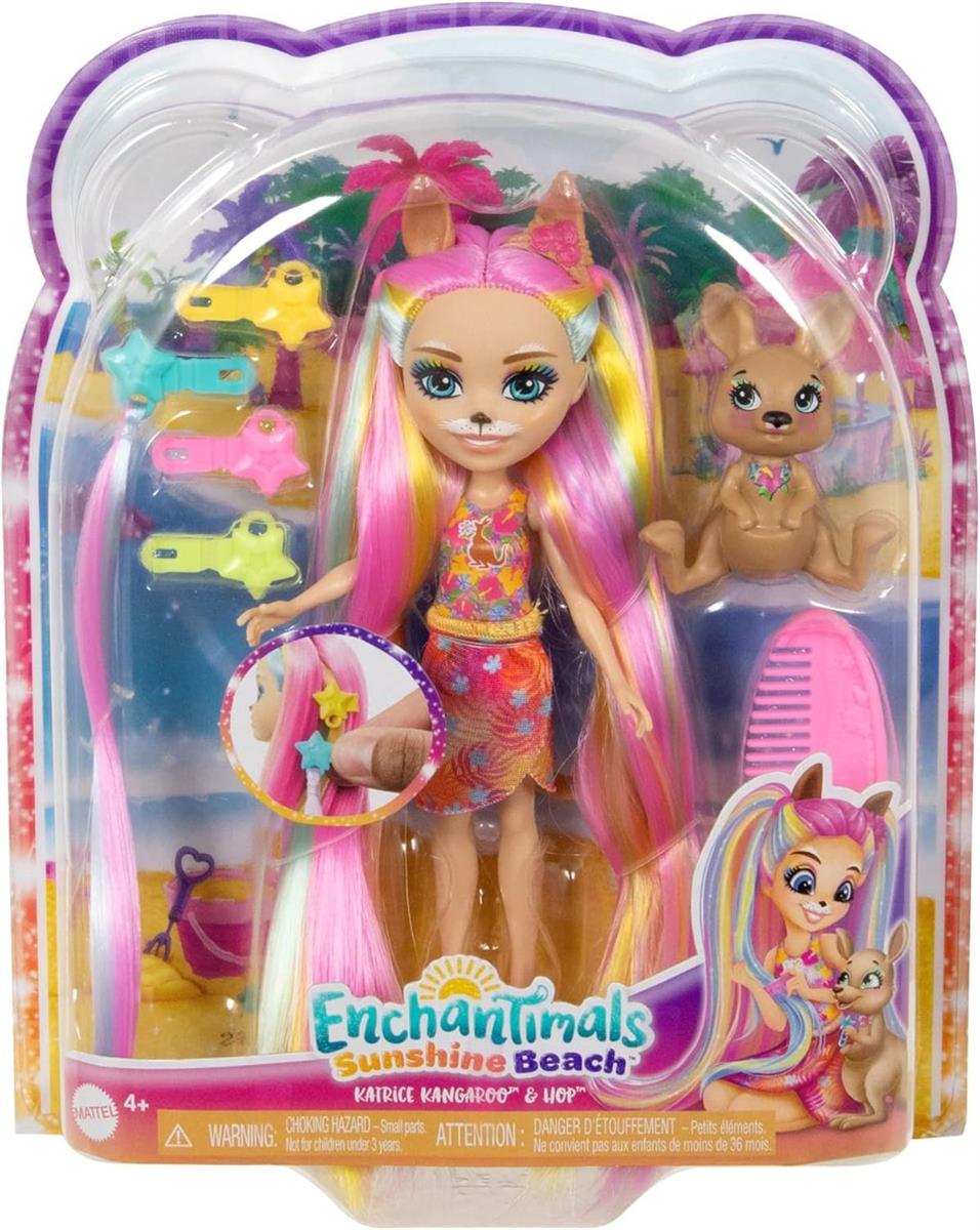 Enchantimals Puppen, Sunshine Beach Deluxe-Hair-Puppe und Tierfreund, kleine Puppe mit abnehmbarem Rock und Zubehör, Geschenke für Kinder, HTJ70