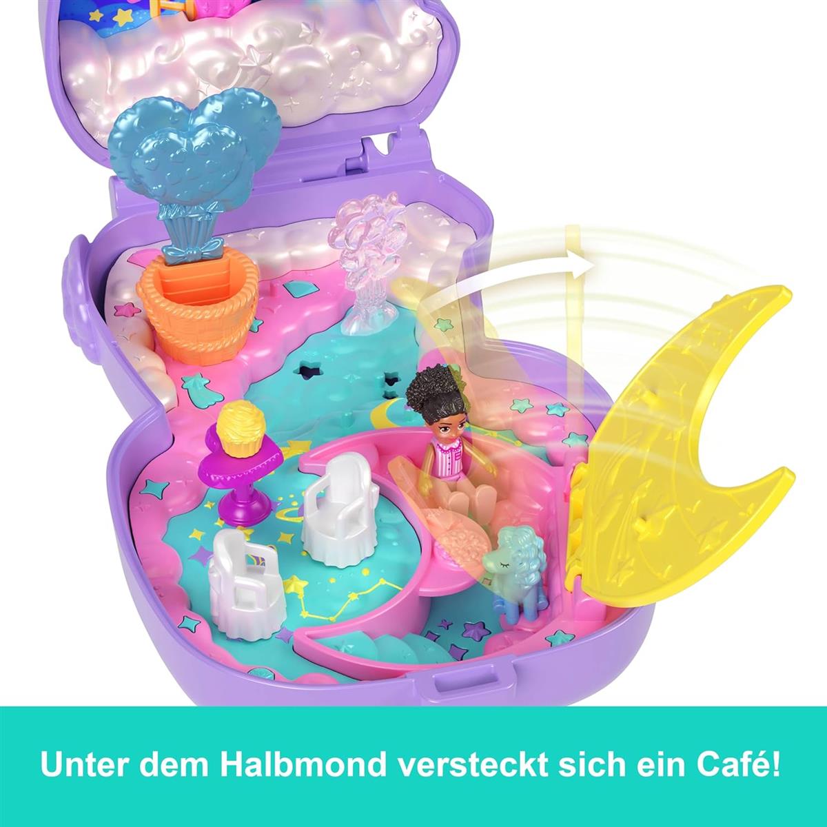 Polly Pocket Puppen und Spielset, Traumland-Schatulle in Lammform, Reisespielzeug mit 1 Minipuppe, Haustier-Einhorn, Futter- und Stylingzubehör, JCB15