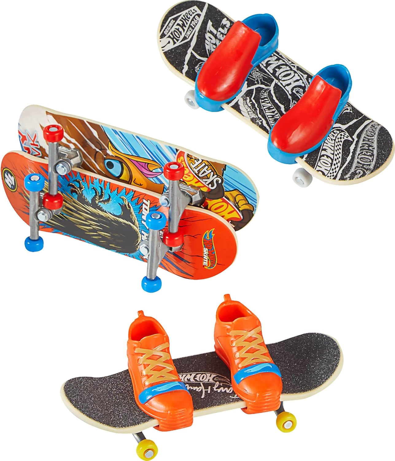 Hot Wheels Skate Tony Hawk Griffbrett & abnehmbare Skateschuhe Multipack, 4 komplett montierte Boards, 2 Paar Skateschuhe, 1 Exklusives Set