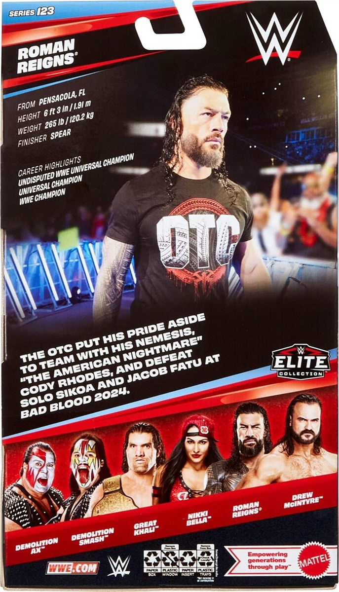Mattel WWE Elite Actionfigur und Zubehör, Serie #123 Set, ca. 15 cm große Sammelfigur Roman Reigns mit 25 Bewegungspunkten und austauschbaren Händen, JHT62