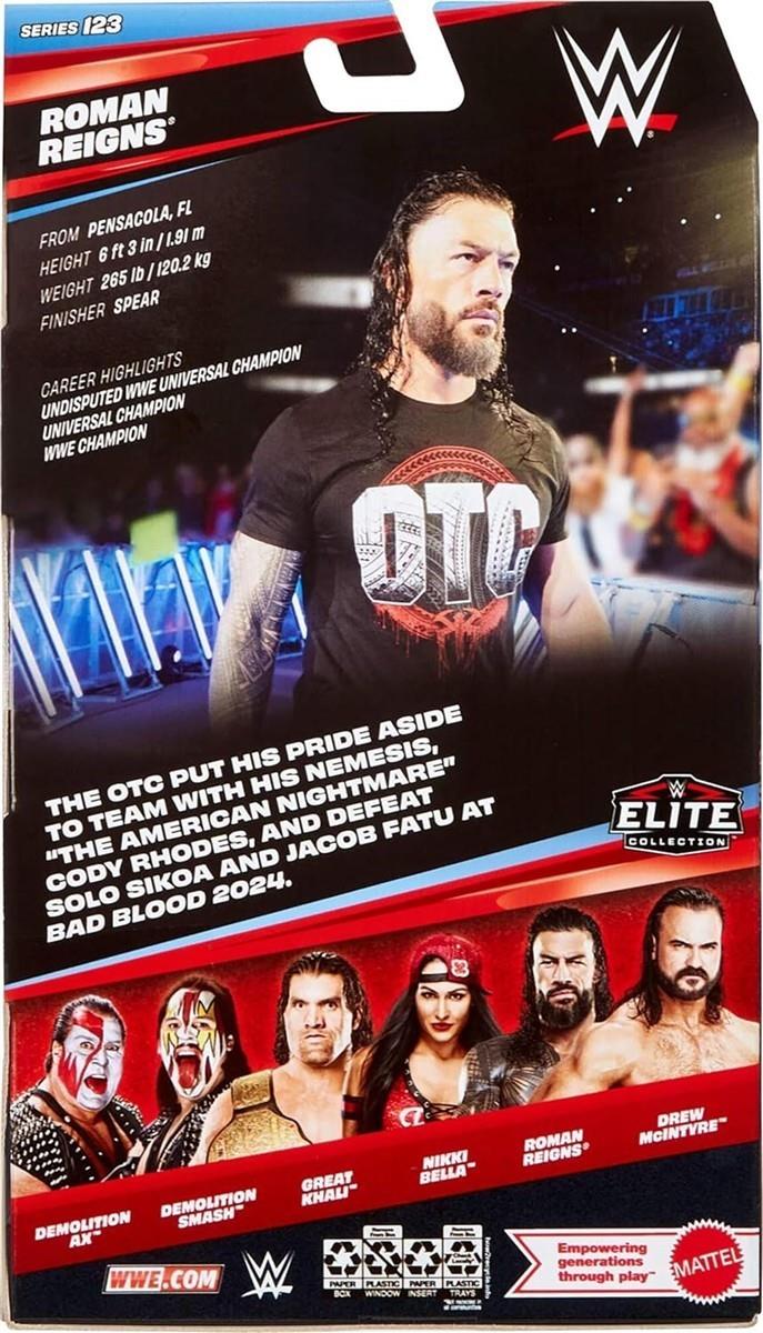 Mattel WWE Elite Actionfigur und Zubehör, Serie #123 Set, ca. 15 cm große Sammelfigur Roman Reigns mit 25 Bewegungspunkten und austauschbaren Händen, JHT62