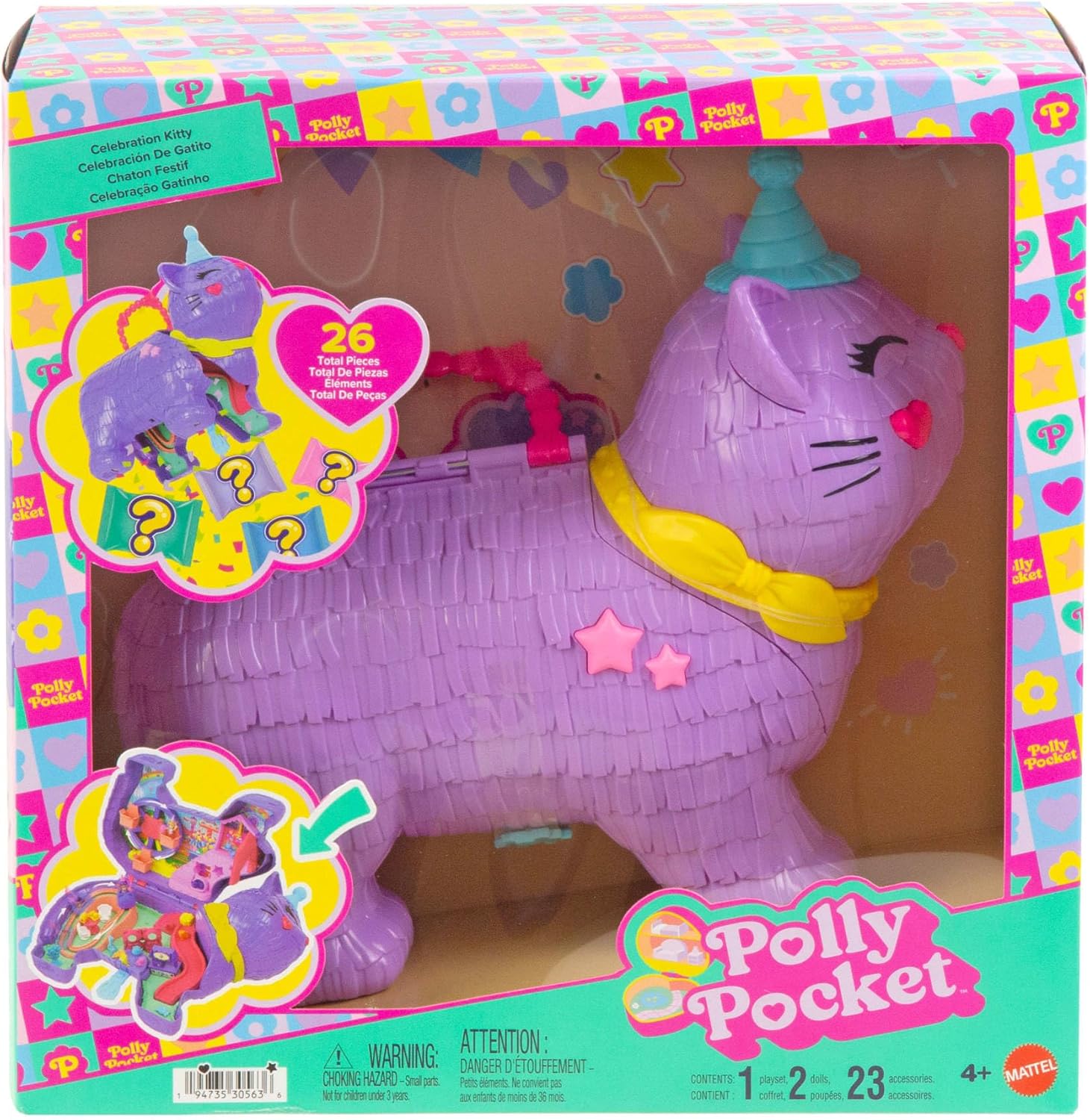 Polly Pocket Mikropuppen & Spielset mit 23 Überraschungs-Zubehörteilen, inklusive Tieren, Geburtstags-Party-Katzen-Spielset, Riesenrad-Fahrt, JFT90