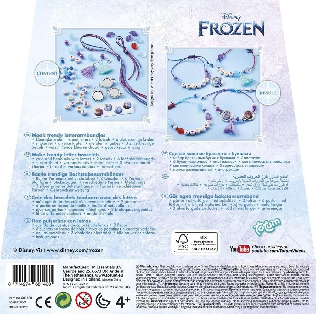 Totum Schmuckbastelset: Buchstaben Armbänder basteln mit Motiven von Anna, Elsa & Olaf und bunten Buchstaben Perlen,Geschenk für Mädchen ab 4 Jahren, 681460