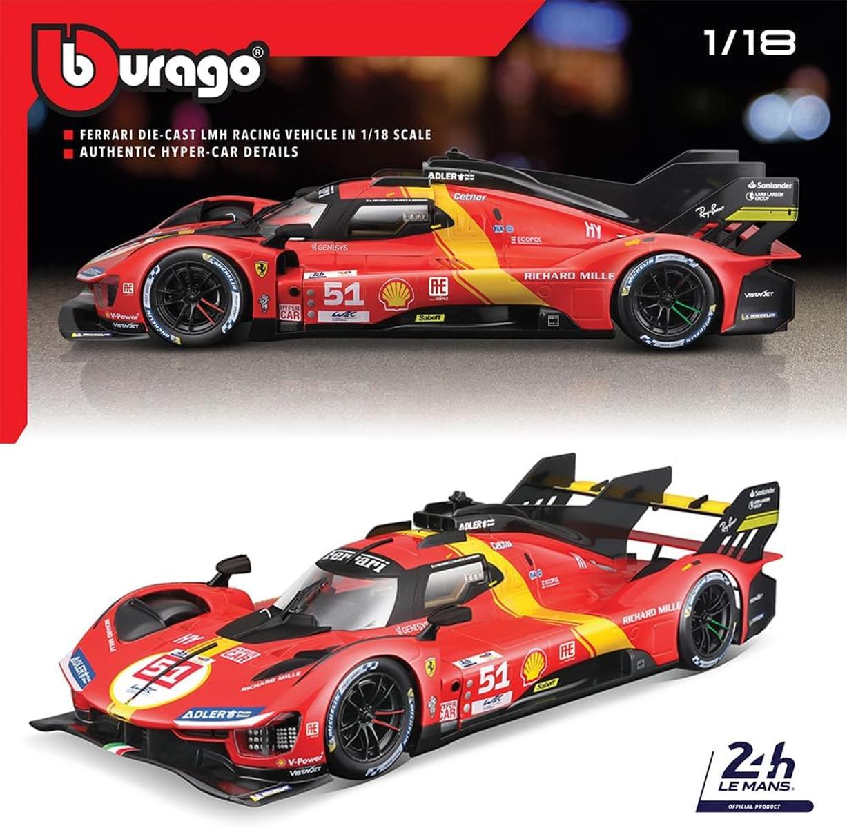Bburago - 1/18 Ferrari Racing - 499P LMH 2023#51 - Rot - Neuheit 2024: Metallnachbildung - detaillierter Innenraum - Türen und Haube zum Öffnen im Maßstab 1:18. - Gewinner der 24h von Le Mans 2023