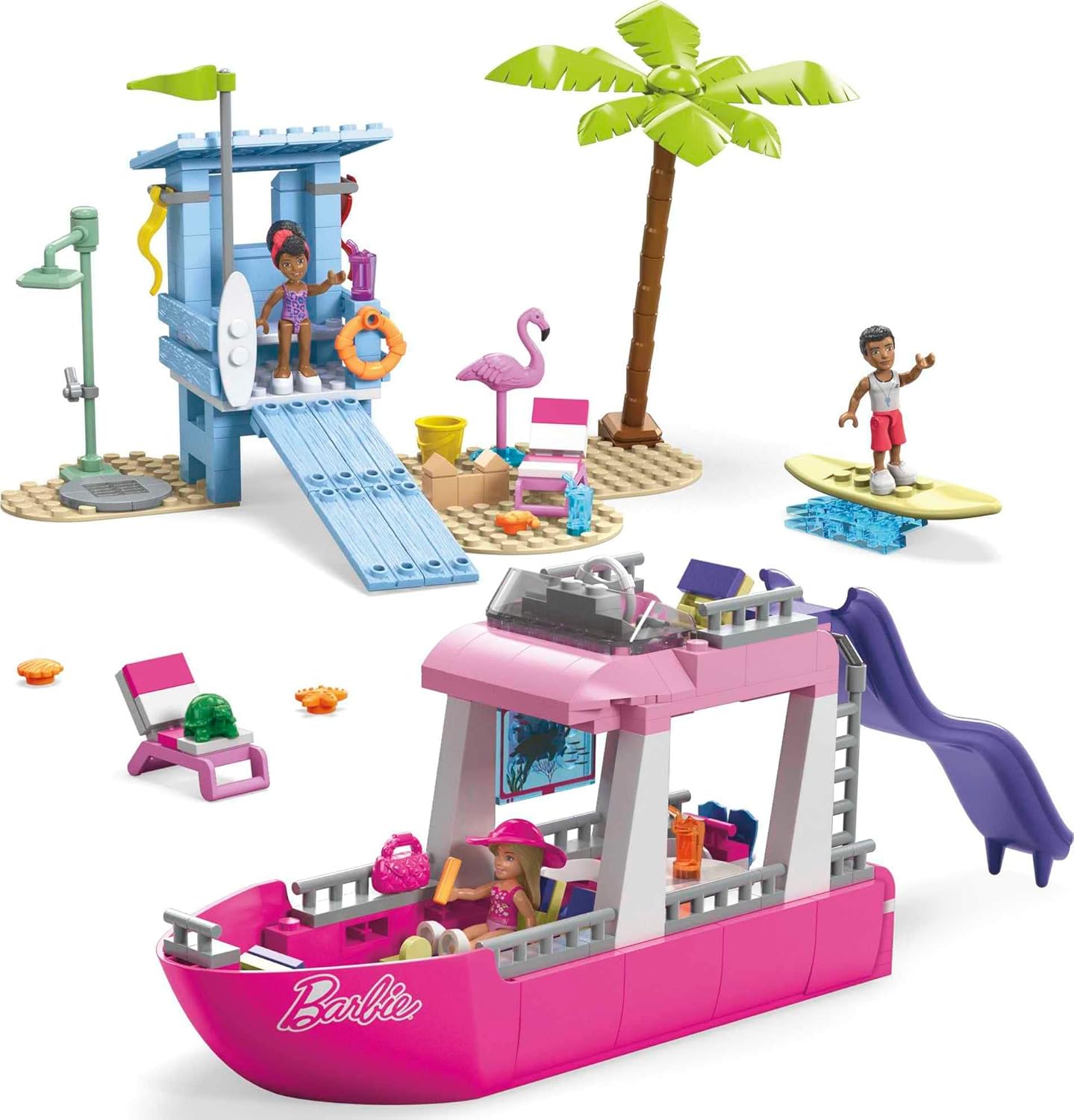 Barbie Malibu Traumboot - Bauset mit 317 Teilen, inkl. 3 Barbie-Puppen, 2 Haustiere, Mode- & Strandzubehör, kreatives Spielzeug für Kinder ab 6 Jahren, HPN79