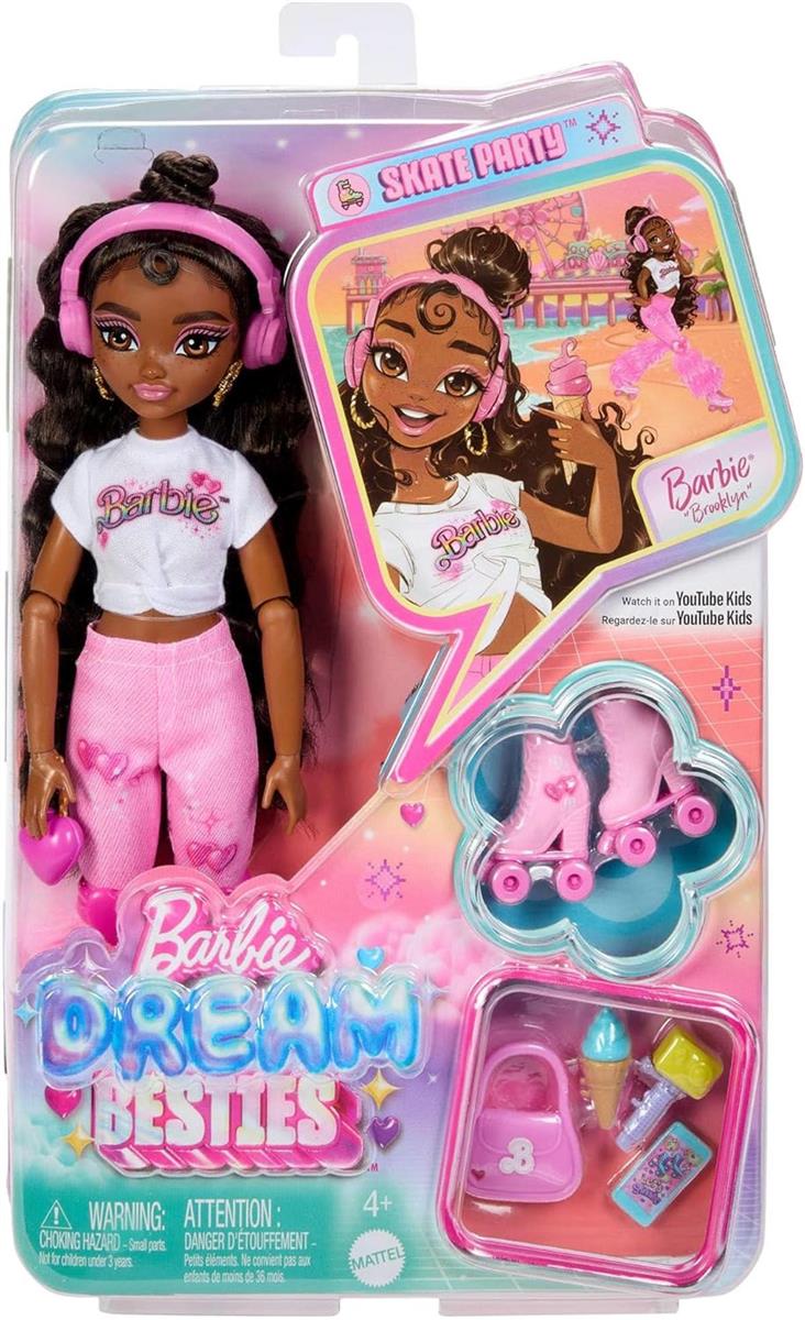 Barbie Dream Besties Puppe und Accessoires, bewegliche Barbie Brooklyn Rollschuh-Modepuppe mit braunem Haar, 9 Zubehörteile zum Thema Musik und Video, JFX97