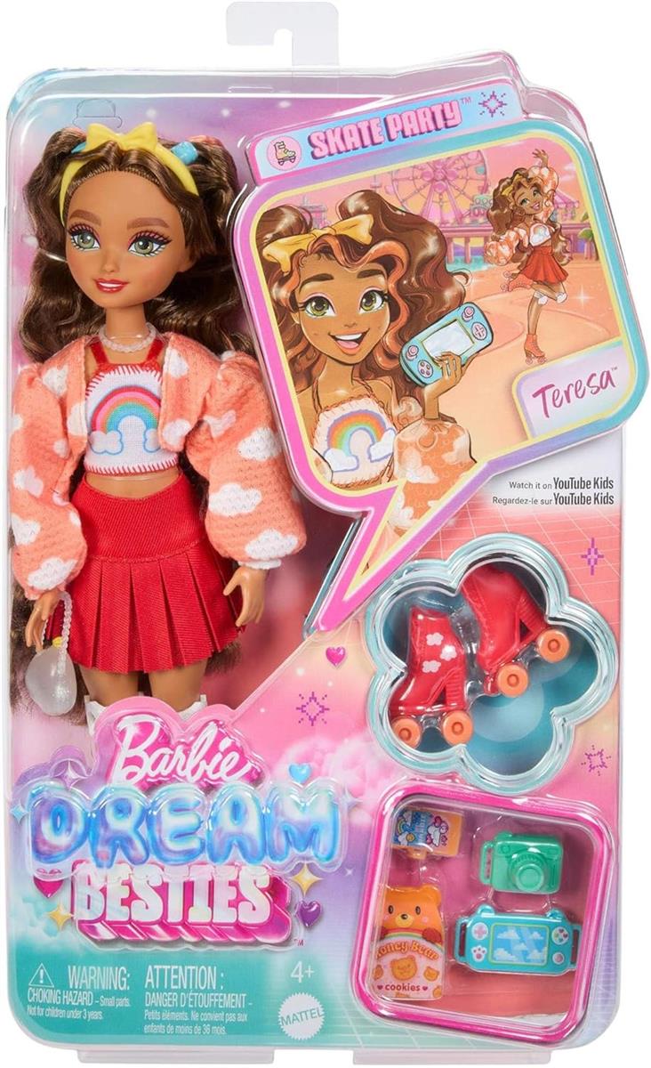 Barbie Dream Besties Puppe und Accessoires, bewegliche Barbie Teresa Rollschuh-Modepuppe mit blondem Haar, 9 Zubehörteile zum Thema Videospiel, JFX98