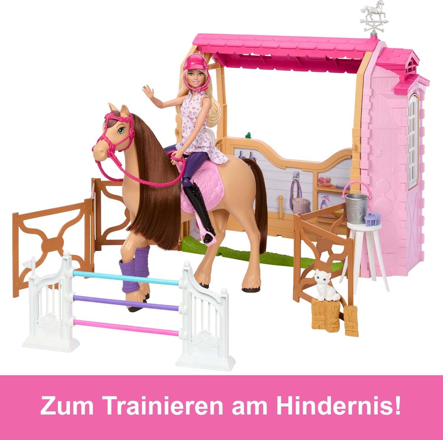 Barbie Spielzeugstall-Spielset mit Puppe, Pferd und Zubehör, mehr als 25 Teile mit 6 Spielbereichen, inspiriert von Barbie Mysteries: Das geheimnisvolle Pferdeabenteuer“, HXJ44