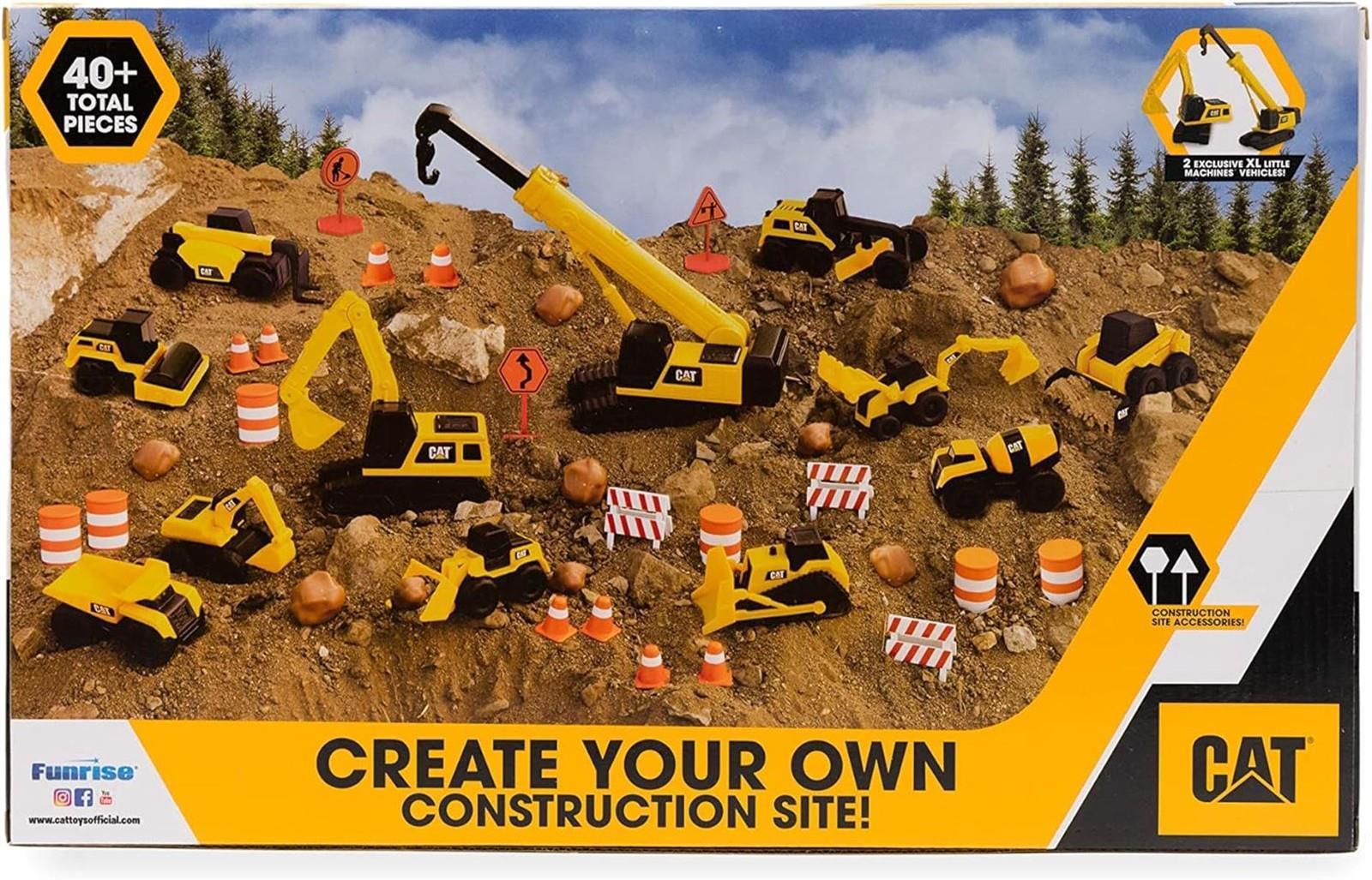 CAT® Construction Little Machines Mega-Set I Mit 40 Teilen I Enthält Fahrzeuge, einen Kran, Verkehrsschilder, Kegel, Blöcke und Zylinder I Für Kinder ab 3 Jahren, Yellow, 1:64