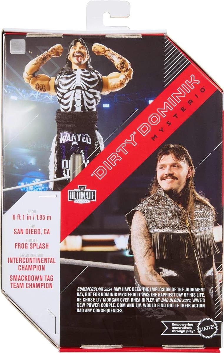 Mattel WWE Ultimate Edition Actionfigur und Zubehör im Set, ca. 15 cm große Dirty Dominik Mysterio Sammelfigur mit austauschbaren Köpfen und Händen und 30 Bewegungspunkten, JHV90