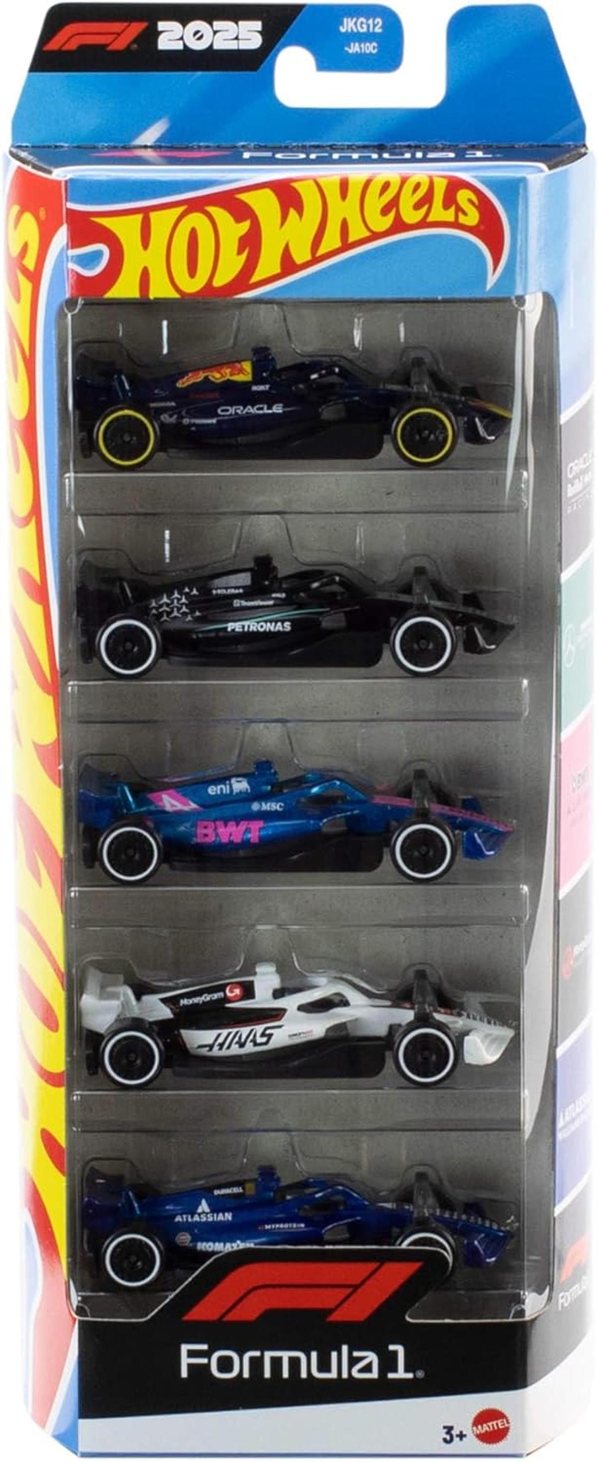 Hot Wheels Maßstab 1:64 5er-Pack Formel 1 Die-Cast-Spielzeugautos, 5er-Set mit offiziell lizenzierten F1-Rennwagen zum Spielen, Sammeln und Ausstellen, JLN11