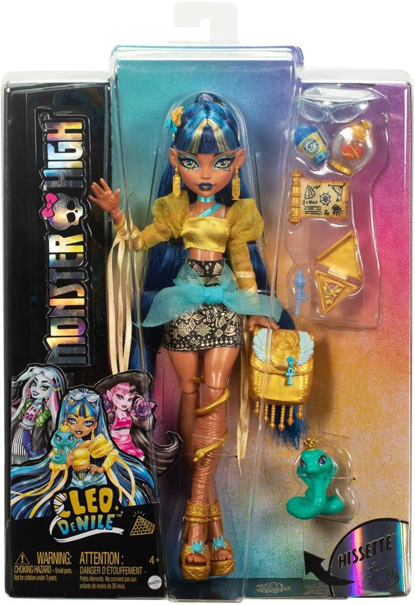 Monster High Cleo De Nile Puppe in goldener Bluse und mehrlagigem Rock  Accessoires HXH74 4+