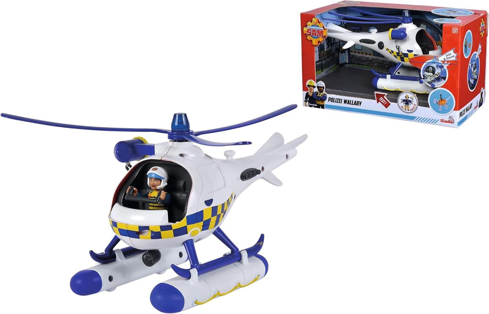 Simba - Feuerwehrmann Sam – Hubschrauber Polizei – Funktionen Sound und Licht – Figuren Rosa + Radar – Batterien enthalten – ab 3 Jahren – 109252537038