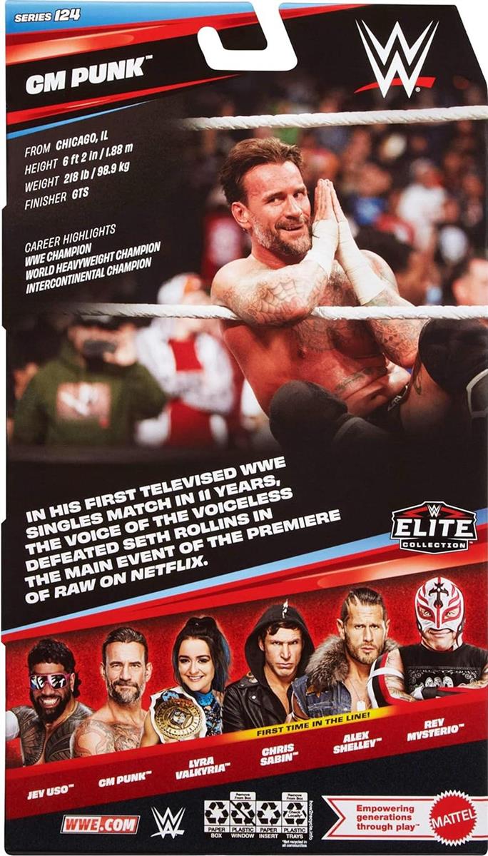 Mattel WWE Elite Actionfigur und Zubehör, Serie #124 Set, ca. 15 cm große Sammelfigur cm Punk mit 25 Bewegungspunkten und austauschbaren Händen, JHT70