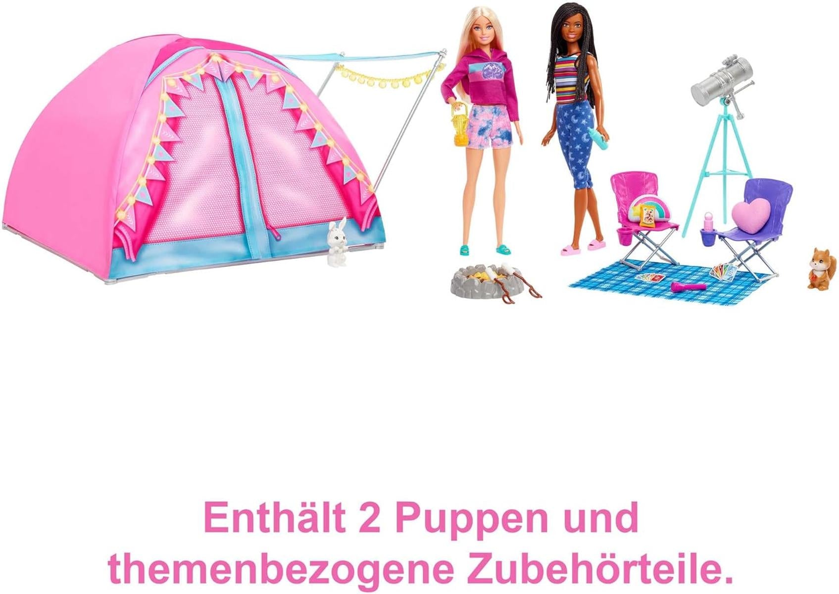 Barbie Abenteuer zu zweit Camping-Spielset mit Zelt, inkl. 2 Barbie Puppen, Barbie Camping Zubehör und Tiere, Geschenk für Kinder, Spielzeug ab 3 Jahre,HGC18