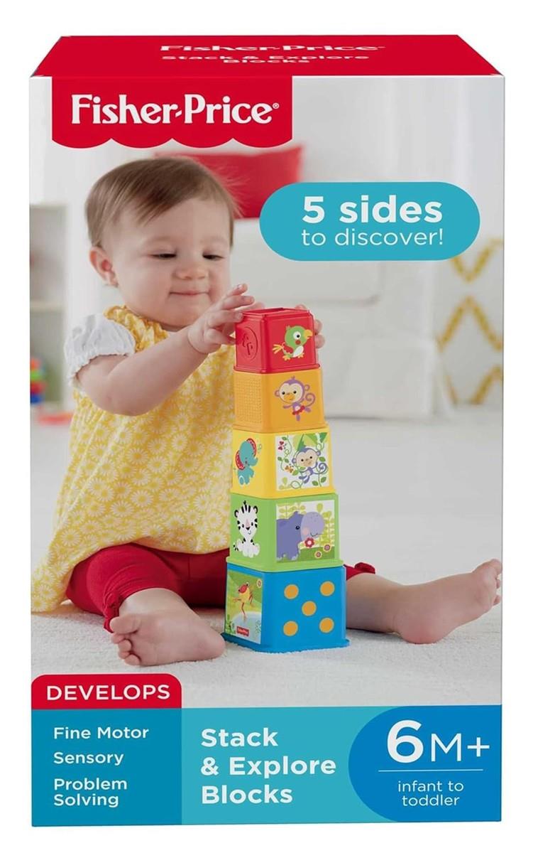 Fisher-Price Stack & Explore Blocks - 5 Würfel mit Strukturen, Figuren, Zahlen und Gegenständen zum Stapeln, Ineinanderstecken und Entdecken, für Kinder ab 6 Monaten, CDC52
