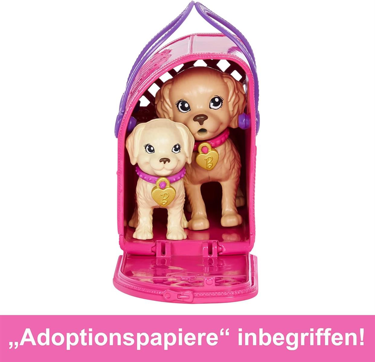 Barbie Welpenadoption Puppe und 2 Welpen mit Adoptionszertifikate Farbwechseleffekt Transportbox + Zubehör für Kinder ab 3 Jahren, HKD86