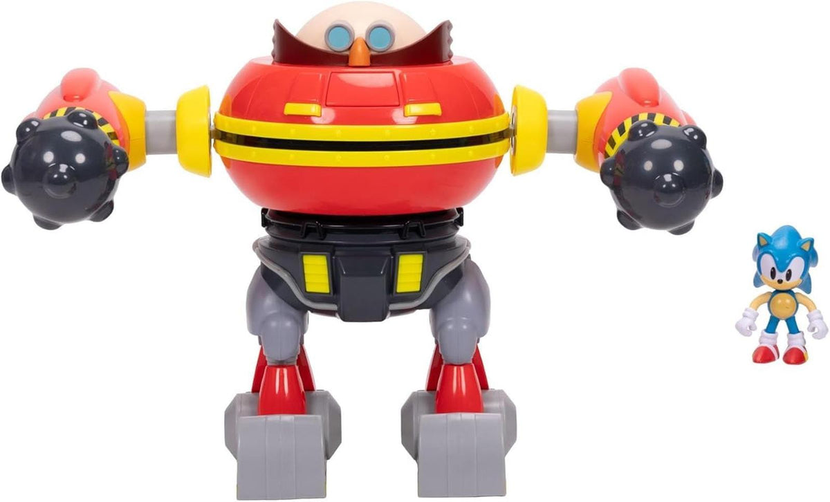 Sonic The Hedgehog – Riesiger Eggman-Roboter-Kampfset, offiziell lizenziert von Jakks Pacific, 23 cm großes Spielset, Kanonen schießender Eggman-Roboter mit Sonic-Figur enthalten
