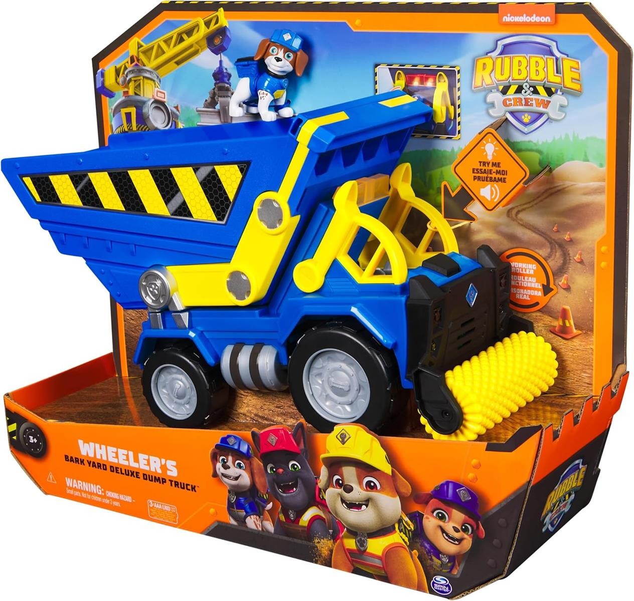 Rubble & Crew - Premium Baufahrzeug mit Kippmulde, Planierwalze, Lichtern und Geräuschen (Deluxe Fahrzeug) und Wheeler-Figur, Spielzeug für Kinder ab 3 Jahren
