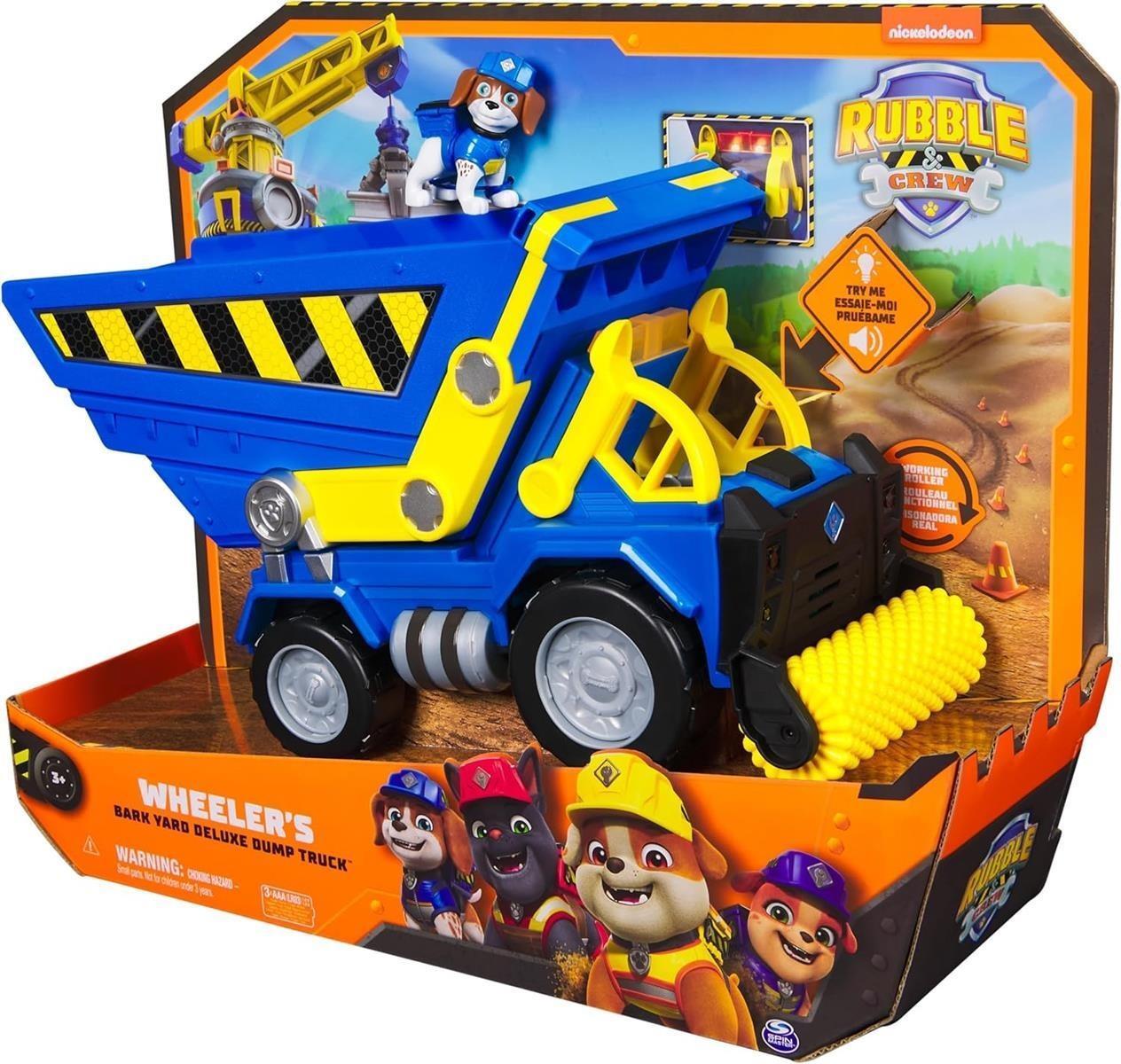 Rubble & Crew - Premium Baufahrzeug mit Kippmulde, Planierwalze, Lichtern und Geräuschen (Deluxe Fahrzeug) und Wheeler-Figur, Spielzeug für Kinder ab 3 Jahren