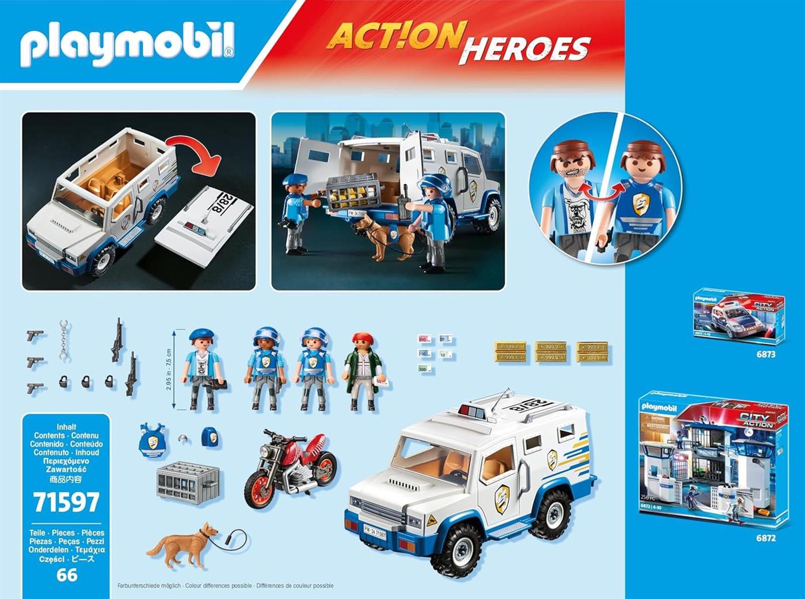 PLAYMOBIL Action Heroes 71597 Geldtransporter, spannende Ganovenjagd, inklusive DREI Polizisten, einem Ganoven auf einem Motorrad und einem Polizeihund, actionreiches Spielzeug für Kinder ab 4 Jahren
