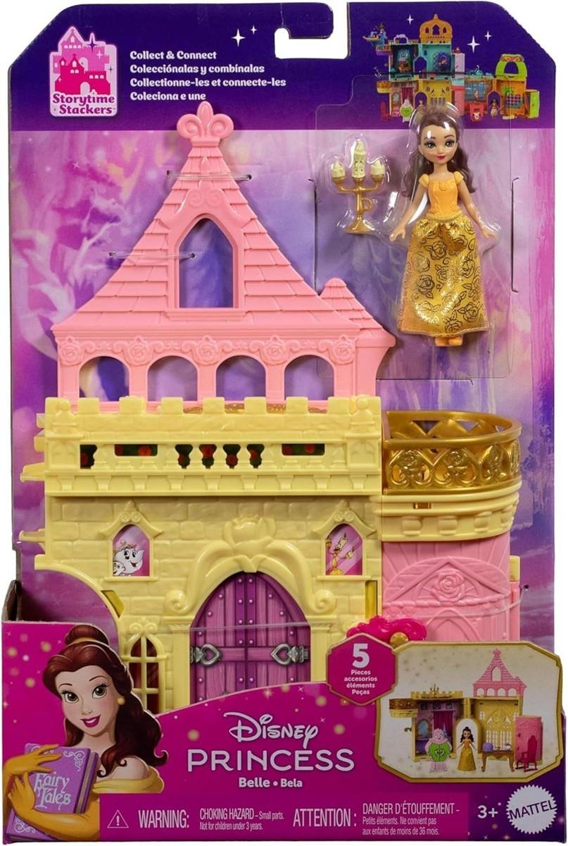 Mattel Disney Prinzessin-Spielzeug Belles Stapelschloss Puppenhaus-Spielset mit kleiner Puppe und 9 Teilen inspiriert von dem Disney-Film Reisespielzeug und Geschenke für Kinder JDP54