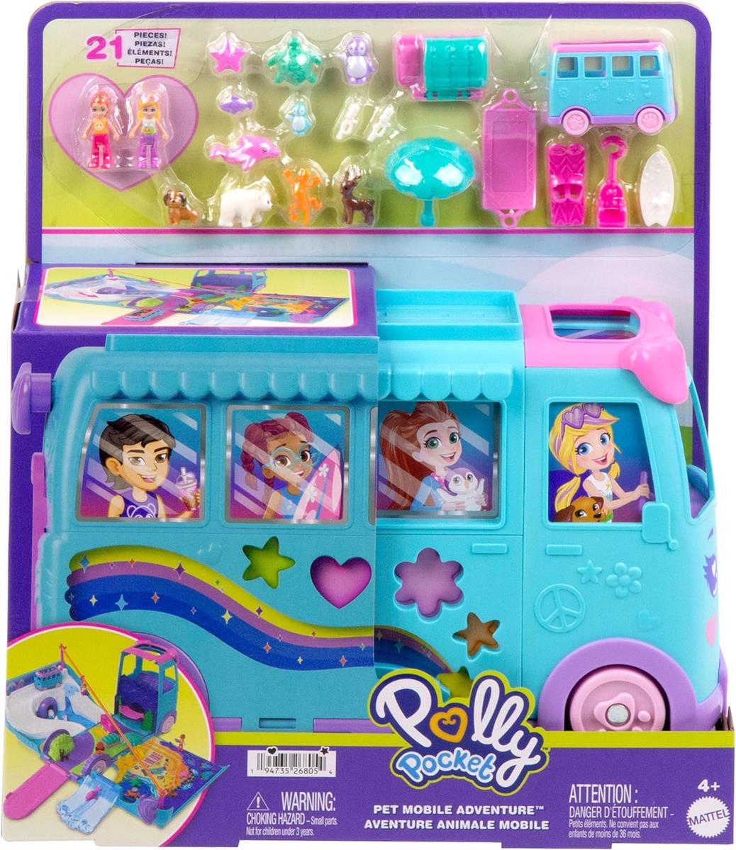 Polly Pocket-Mikropuppen und umwandelbarer Camper, mit Accessoires wie Haustieren und Spielzeugauto, mobiles Haustier-Abenteuer-Spielset, JCC22