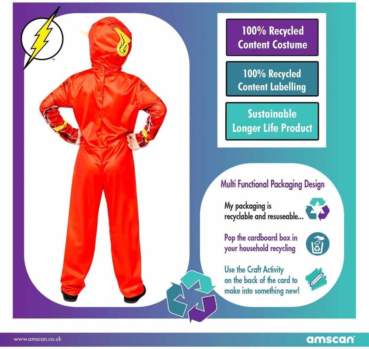 Amscan - Kinderkostüm The Flash, bedruckter Overall mit Kopfbedeckung, 100 % recycelte Materialien, Serie, DC Super Heroes, Motto-Party, Karneval Größe 134 8-10 Jahre