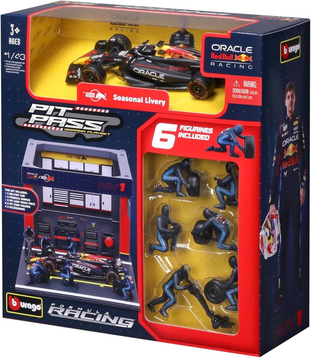 Bburago - Pit Stop Red Bull RB20 2024#1 Verstappen, Spielset mit Diorama, 1:43 und 6 Mechanikern, Detailgetreu, Red Bull-Lizenz, Alter 3+