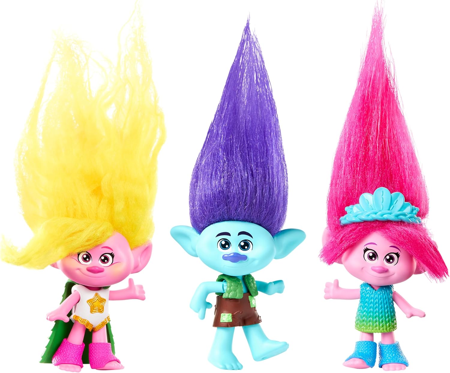 Mattel DREAMWORKS TROLLS Gemeinsam Stark – Königin Poppy, Viva, Branch, Guy Diamond mit Tiny Diamond, Plüschhaar, Mode zum Ausziehen, 5 bewegliche Gelenke, für Kinder ab 3 Jahren, HNF06