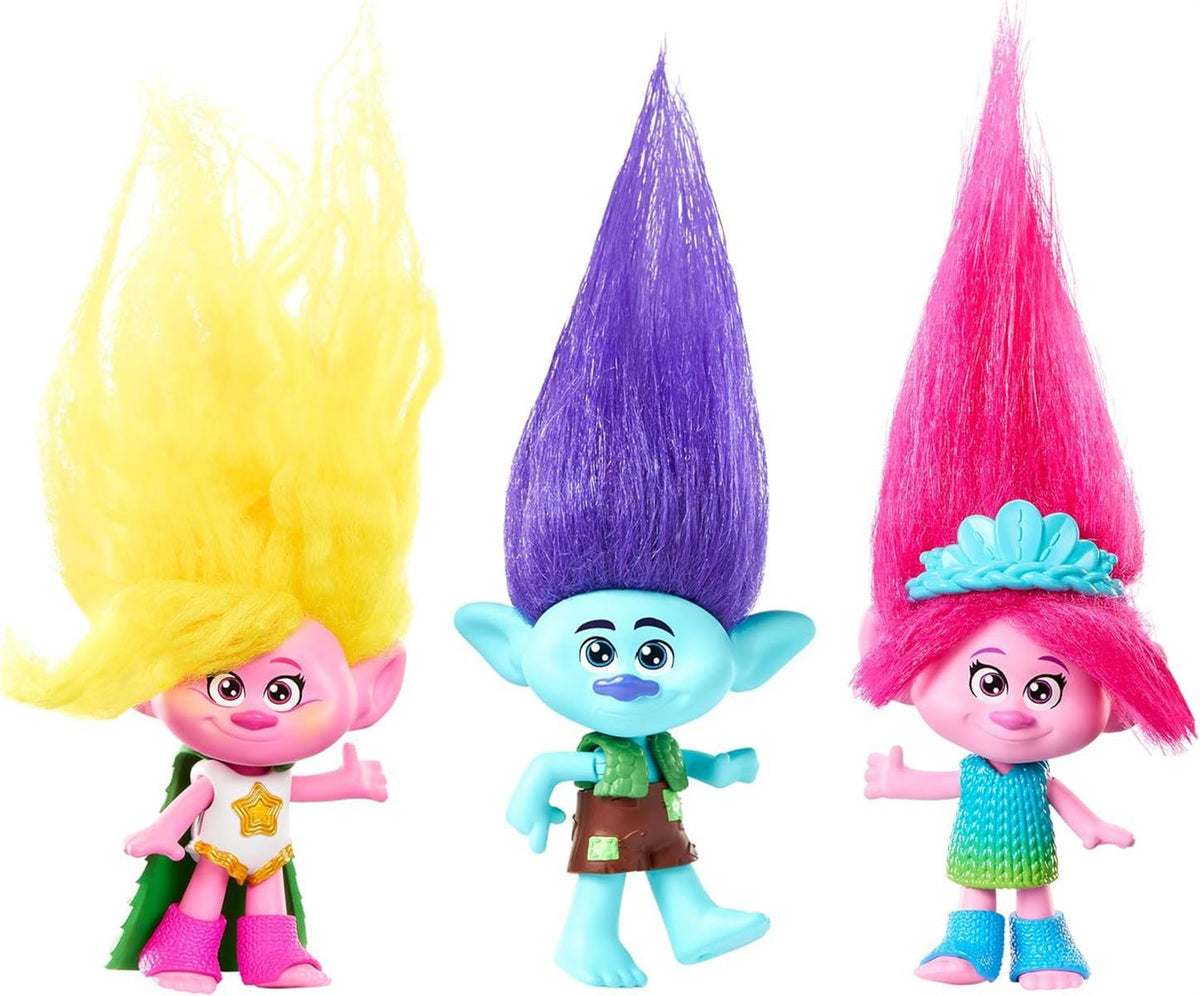 Mattel DREAMWORKS TROLLS Gemeinsam Stark – Königin Poppy, Viva, Branch, Guy Diamond mit Tiny Diamond, Plüschhaar, Mode zum Ausziehen, 5 bewegliche Gelenke, für Kinder ab 3 Jahren, HNF06