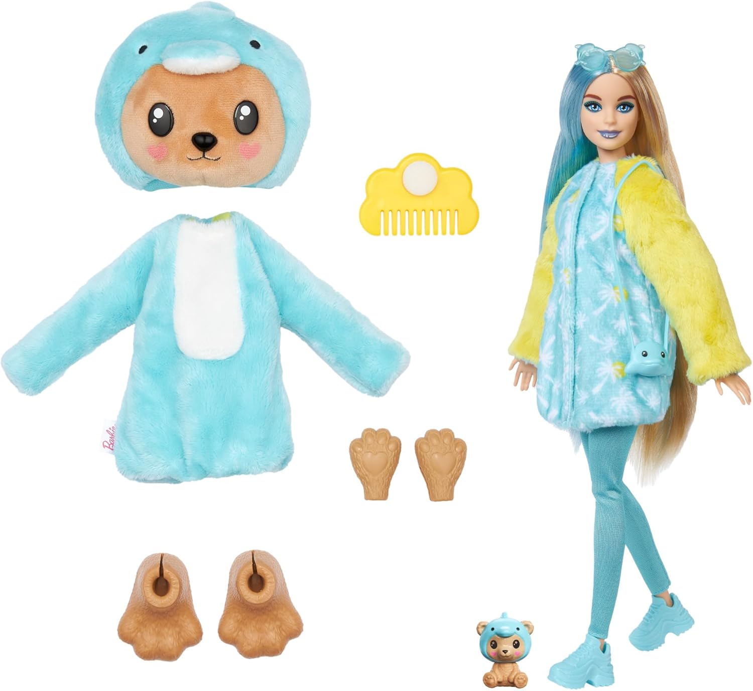 Barbie Cutie Reveal Puppe - 10 Überraschungen, Plüschtierfreunde, Outfits, Farbwechselspaß, Teddybär in Delfin-Plüschkostüm, Colorblock-Haare, Mini-Haustier, Fleece-Jacke, ab 3 Jahren, HRK25