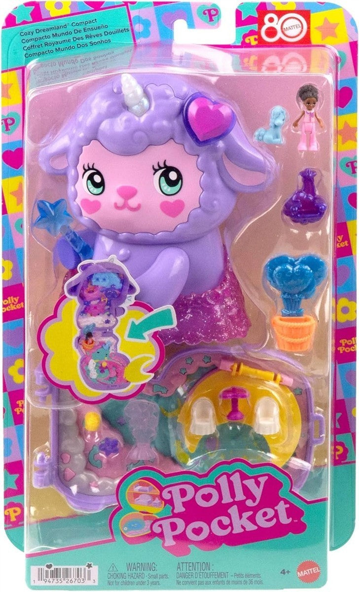Polly Pocket Puppen und Spielset, Traumland-Schatulle in Lammform, Reisespielzeug mit 1 Minipuppe, Haustier-Einhorn, Futter- und Stylingzubehör, JCB15