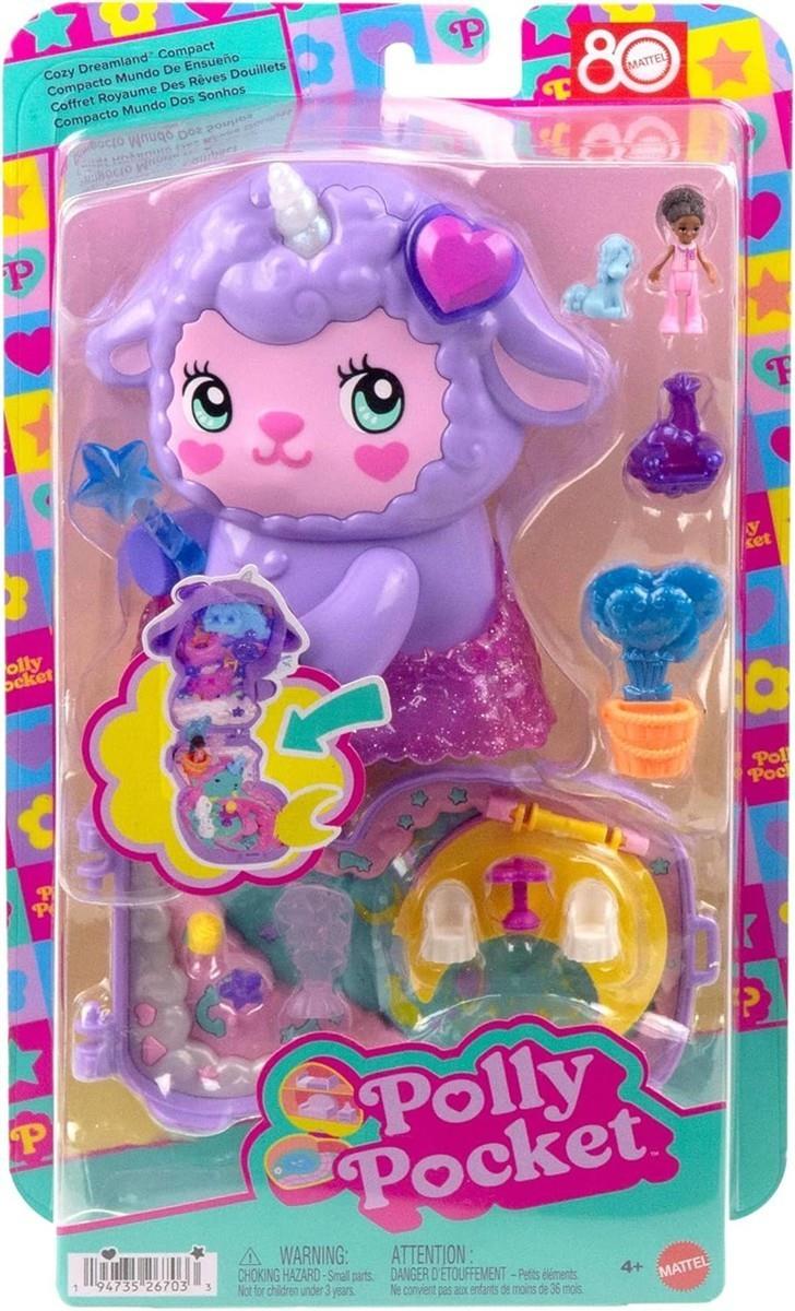 Polly Pocket Puppen und Spielset, Traumland-Schatulle in Lammform, Reisespielzeug mit 1 Minipuppe, Haustier-Einhorn, Futter- und Stylingzubehör, JCB15