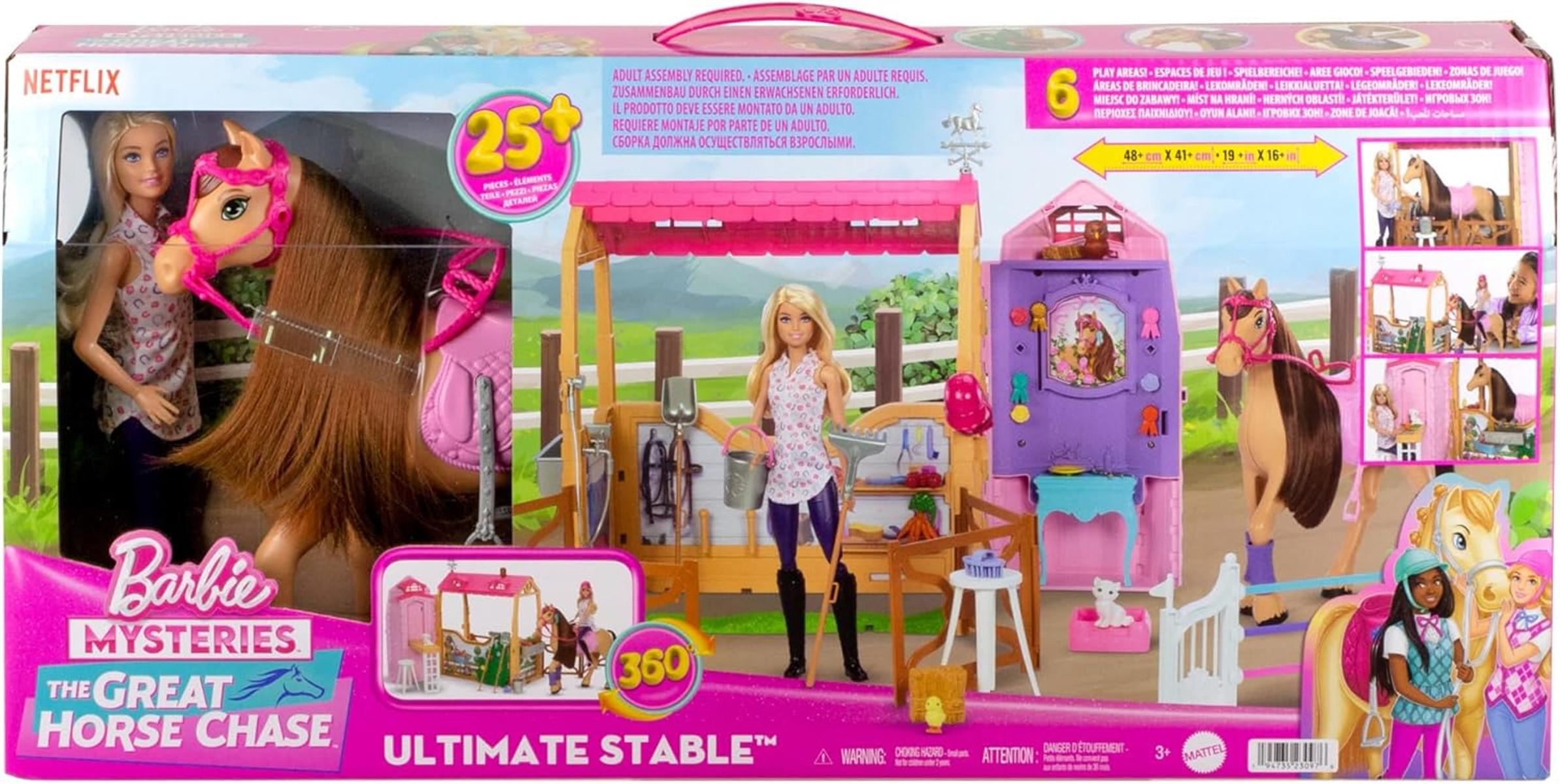 Barbie Spielzeugstall-Spielset mit Puppe, Pferd und Zubehör, mehr als 25 Teile mit 6 Spielbereichen, inspiriert von Barbie Mysteries: Das geheimnisvolle Pferdeabenteuer“, HXJ44