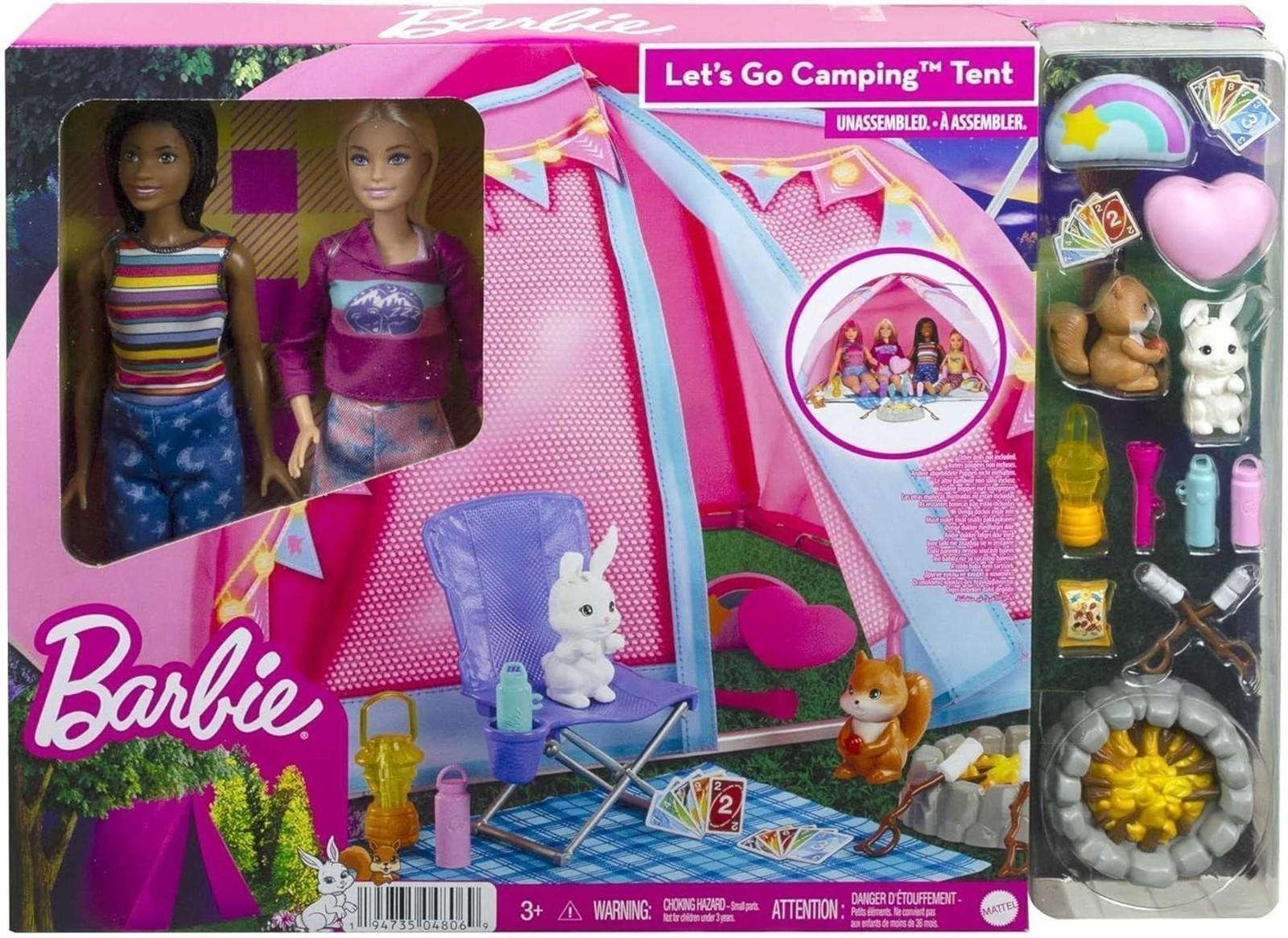 Barbie Abenteuer zu zweit Camping-Spielset mit Zelt, inkl. 2 Barbie Puppen, Barbie Camping Zubehör und Tiere, Geschenk für Kinder, Spielzeug ab 3 Jahre,HGC18