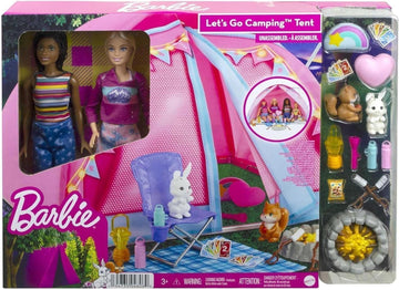 Barbie Abenteuer zu zweit Camping-Spielset mit Zelt, inkl. 2 Barbie Puppen, Barbie Camping Zubehör und Tiere, Geschenk für Kinder, Spielzeug ab 3 Jahre,HGC18